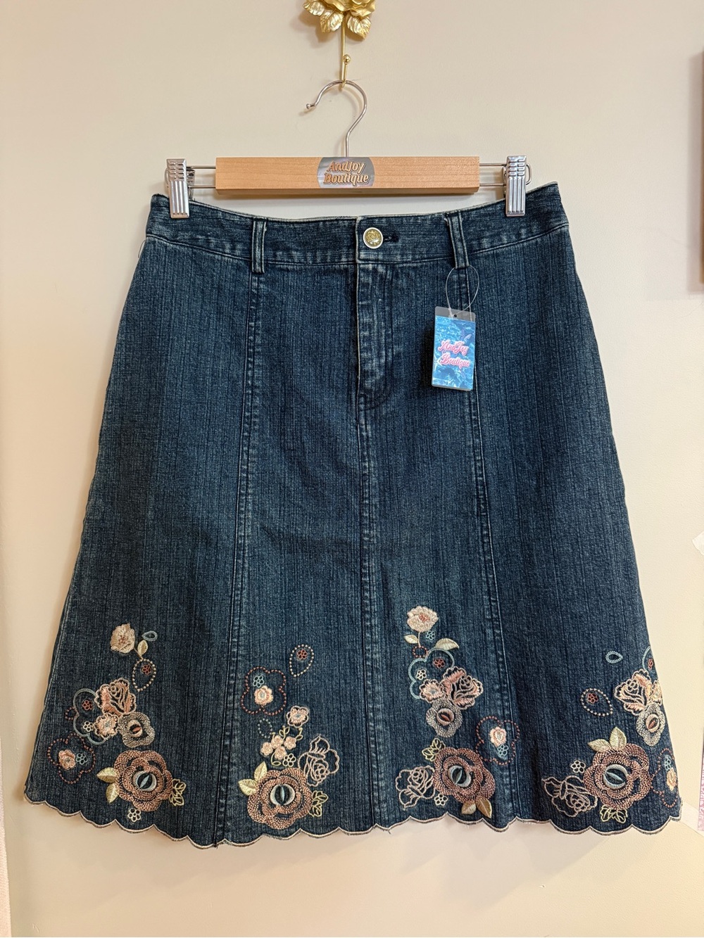 Women's Dark Blue Embroidered Denim A-Line Skirt
